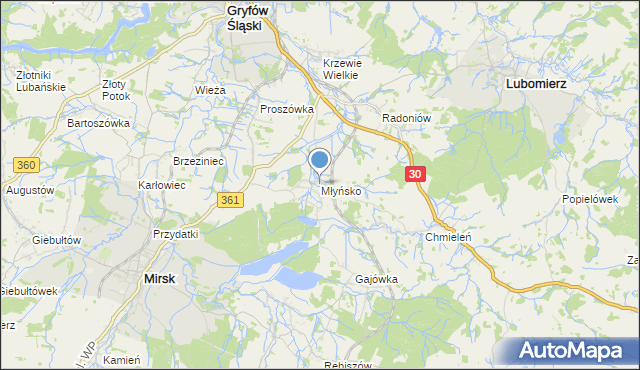 mapa Młyńsko, Młyńsko gmina Gryfów Śląski na mapie Targeo